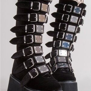 Demonia Black and Silver Platform Boots with Buckles